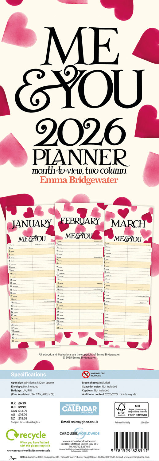 Emma Bridgewater Me & You Slim Calendar 2026